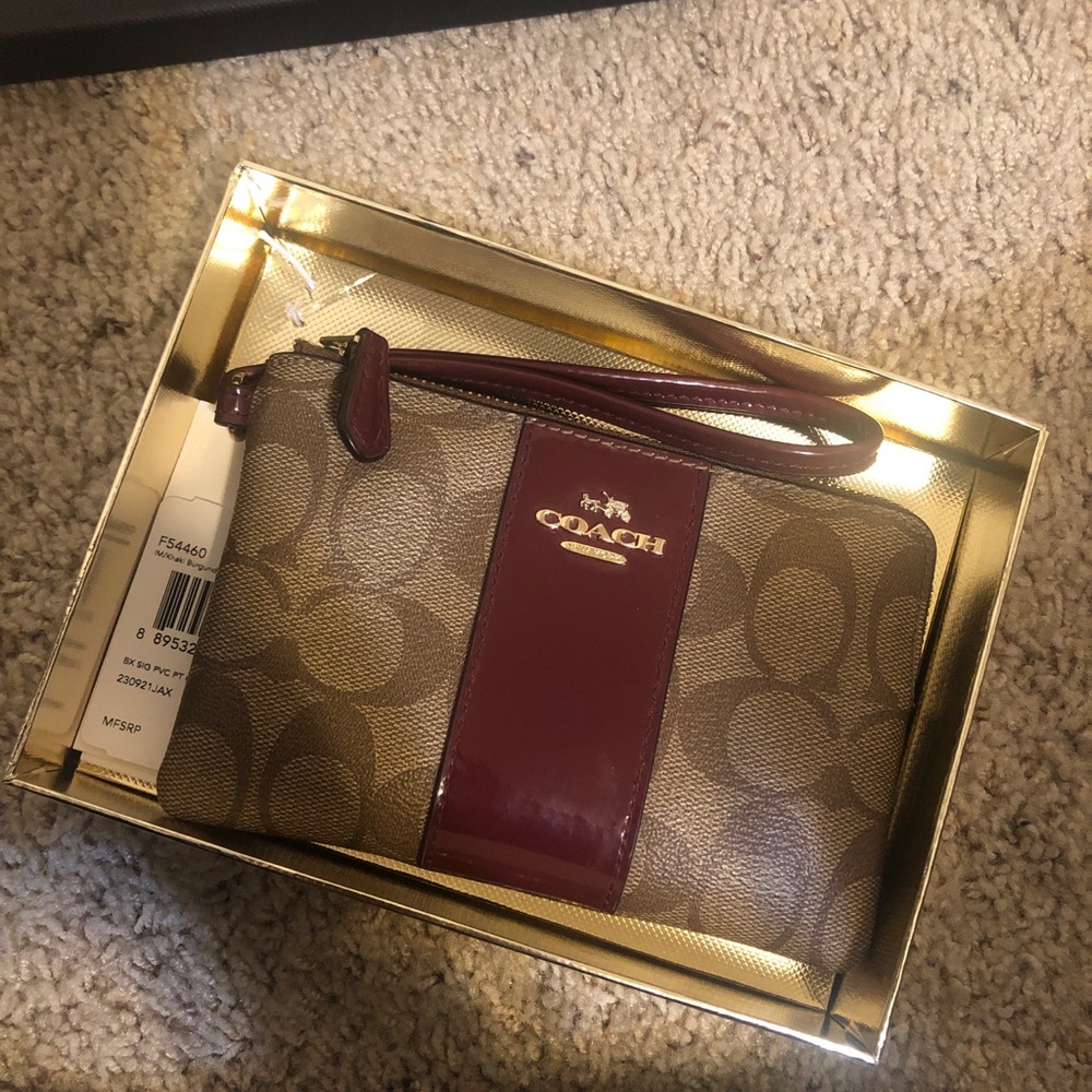 Coach Brown Signature Wristlet with Burgundy Patent Stripe